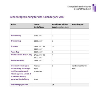 Schließzeiten 2027